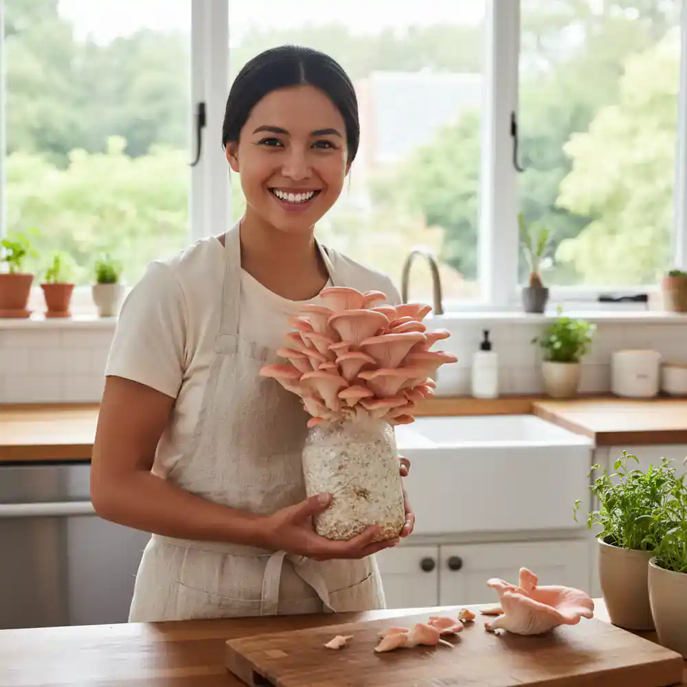 Happy customer holding home-grown pink oyster mushrooms