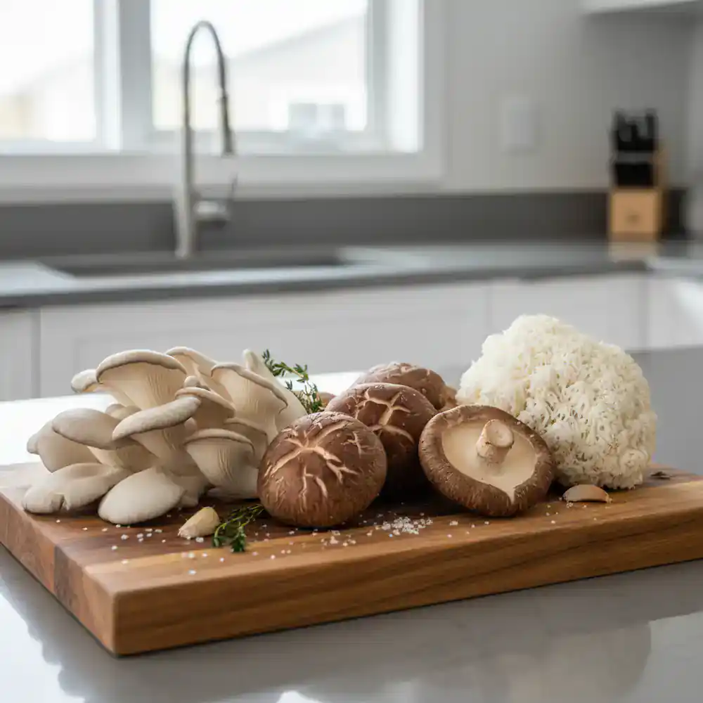 Freshly harvested gourmet mushrooms on a kitchen board