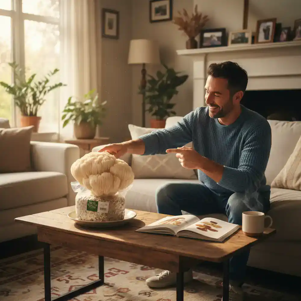 Proud man with his home-grown Lion's mane mushroom