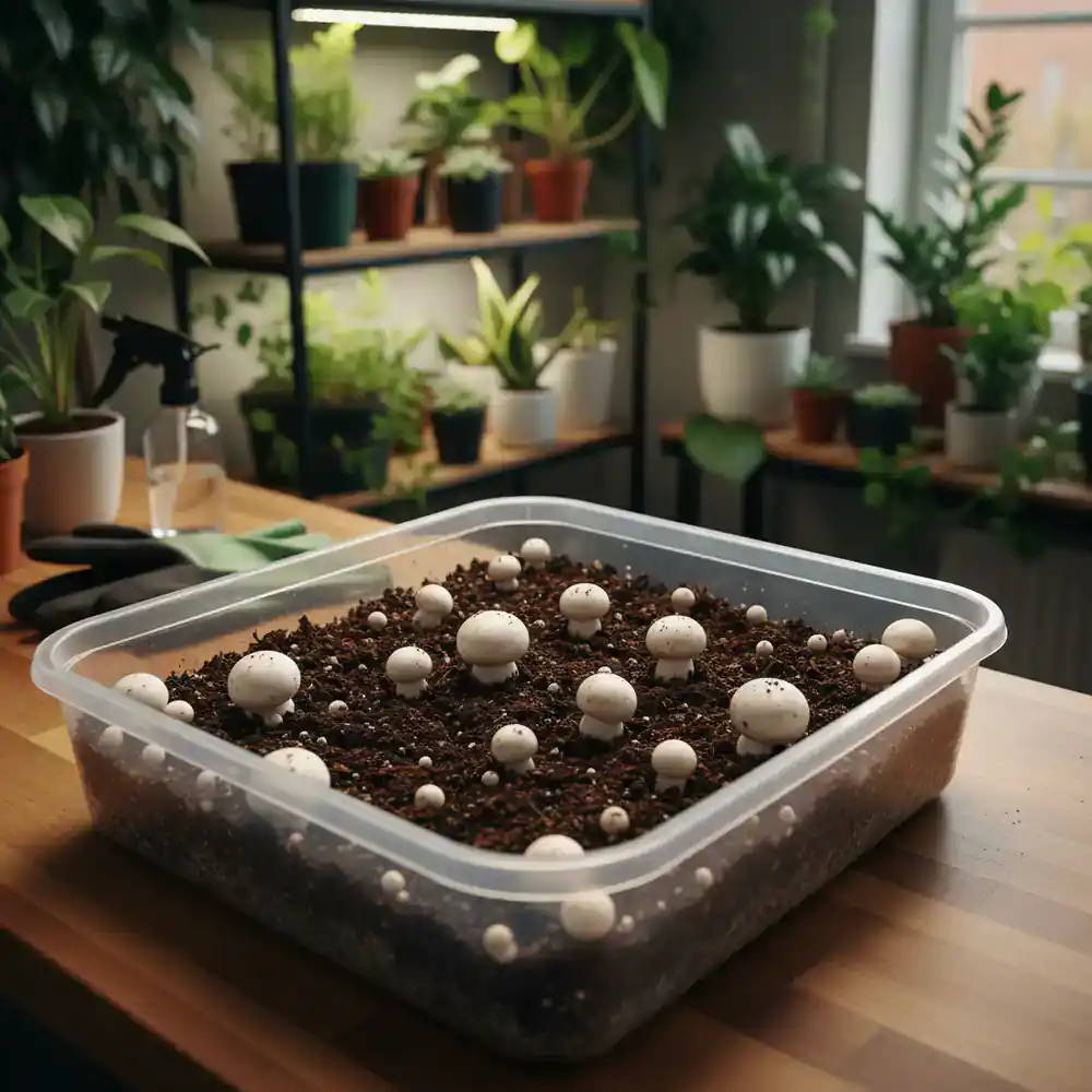 Tray of growing white button mushrooms