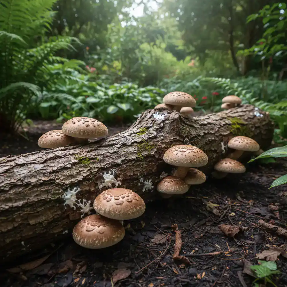 Shiitake mushrooms growing on an inoculated log