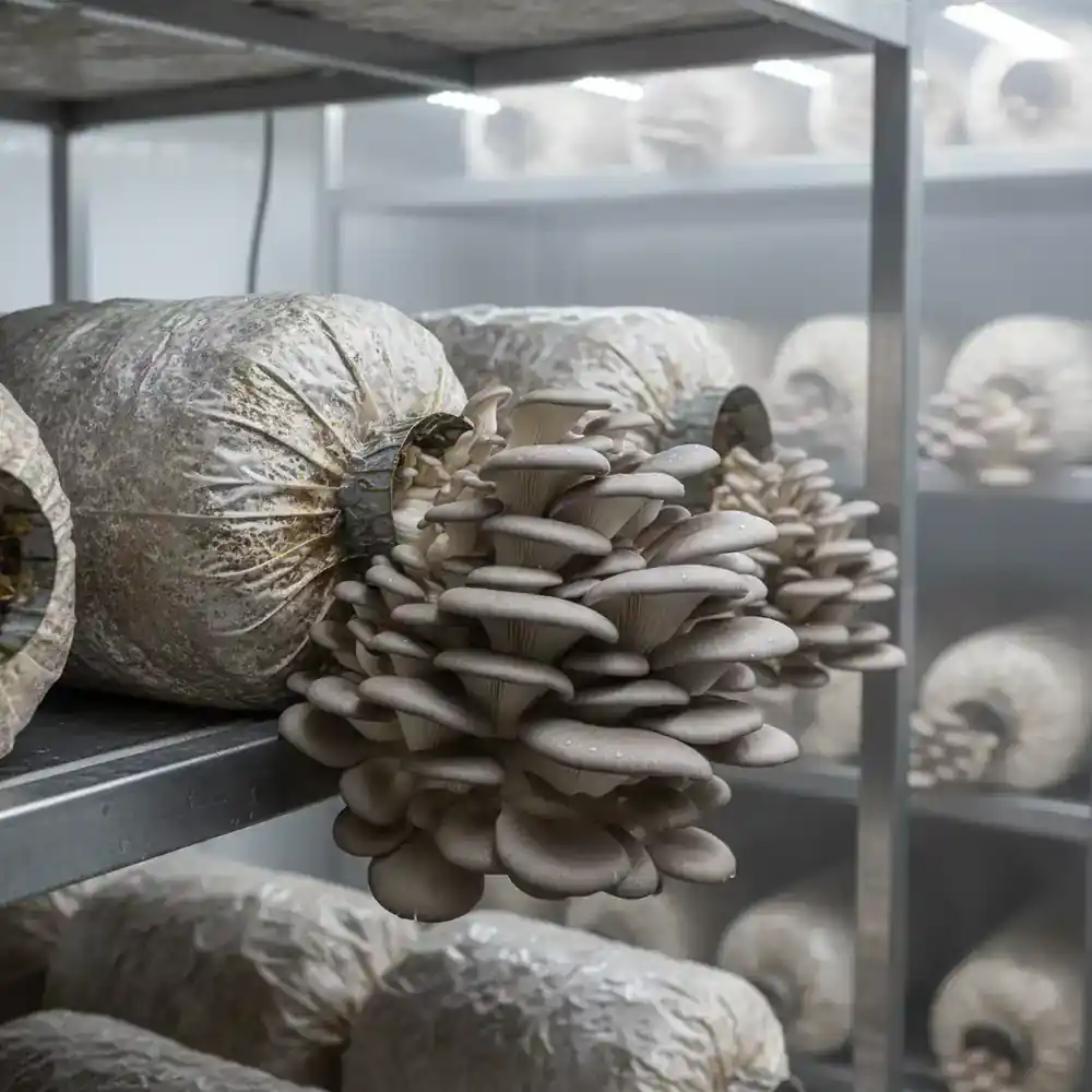 Oyster mushroom grow bag with sprouting fungi