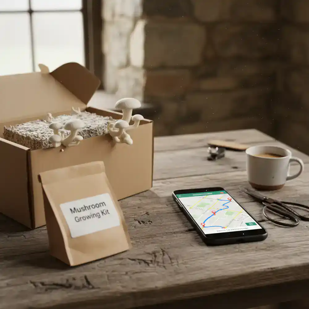 Mushroom kit delivery route on a smartphone