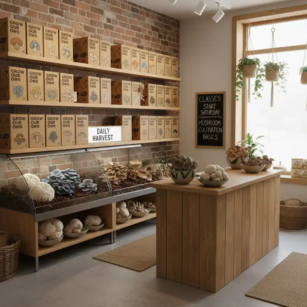 Modern mushroom growing kit store interior