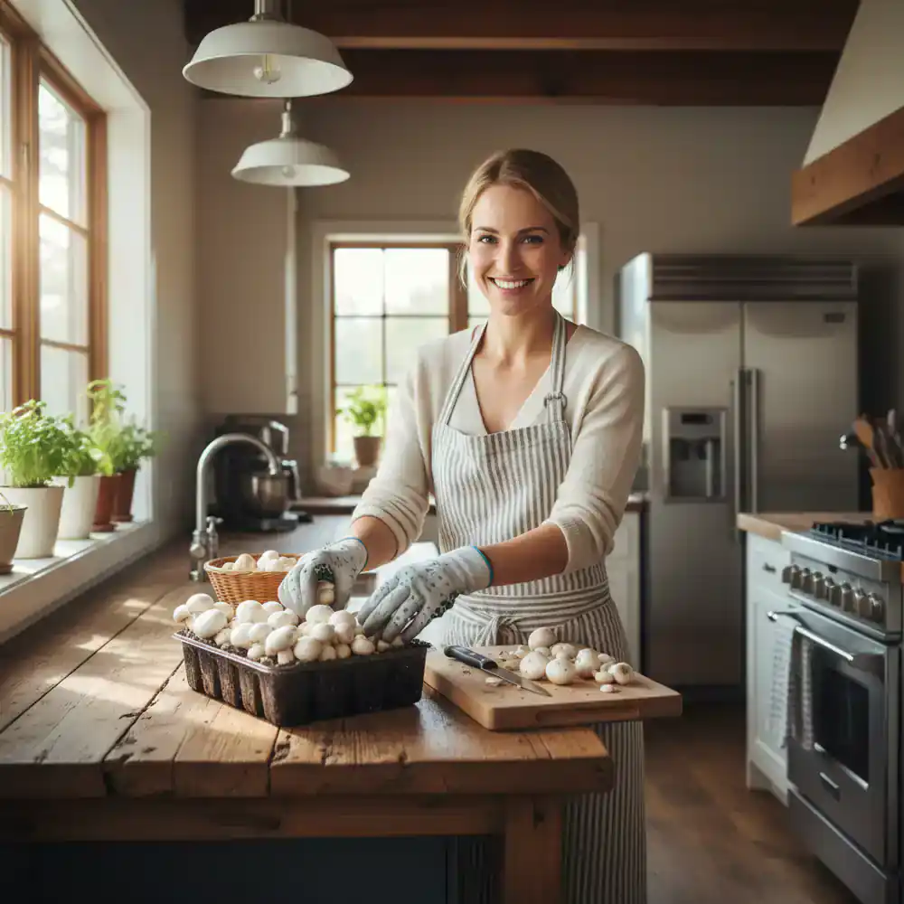 Woman harvesting fresh button mushrooms at home